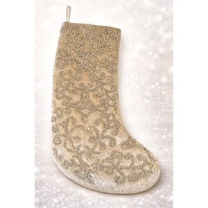 Tahari Home Christmas Stocking Champagne Velvet Beaded Snowflake Scroll 20"